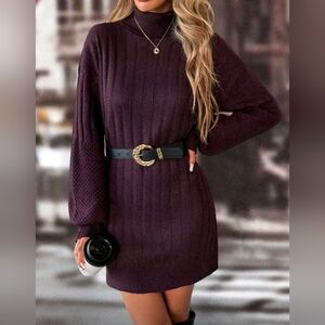 New Mixed Ribbed Knit Turtleneck Short Sweater Dress Long Sleeve Purple Red